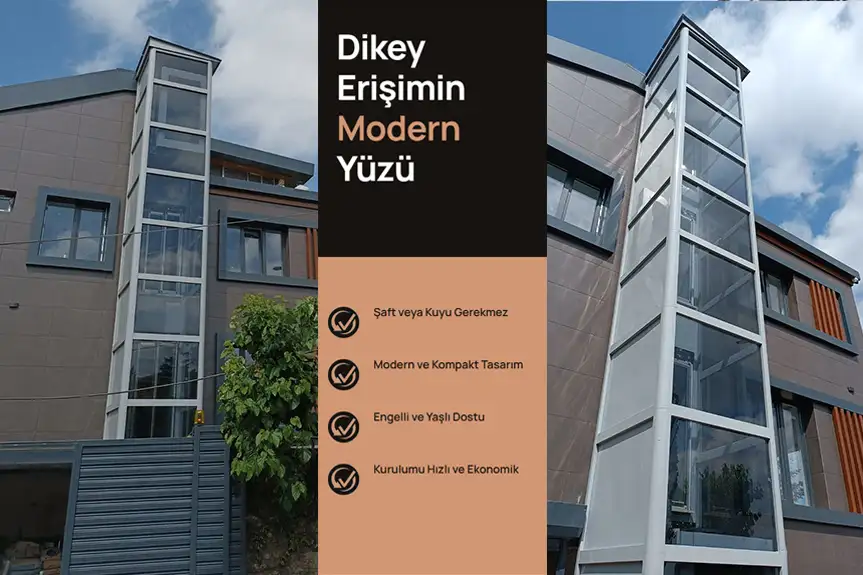 Müstakil ev için dış cepheye entegre edilmiş kompakt asansör.